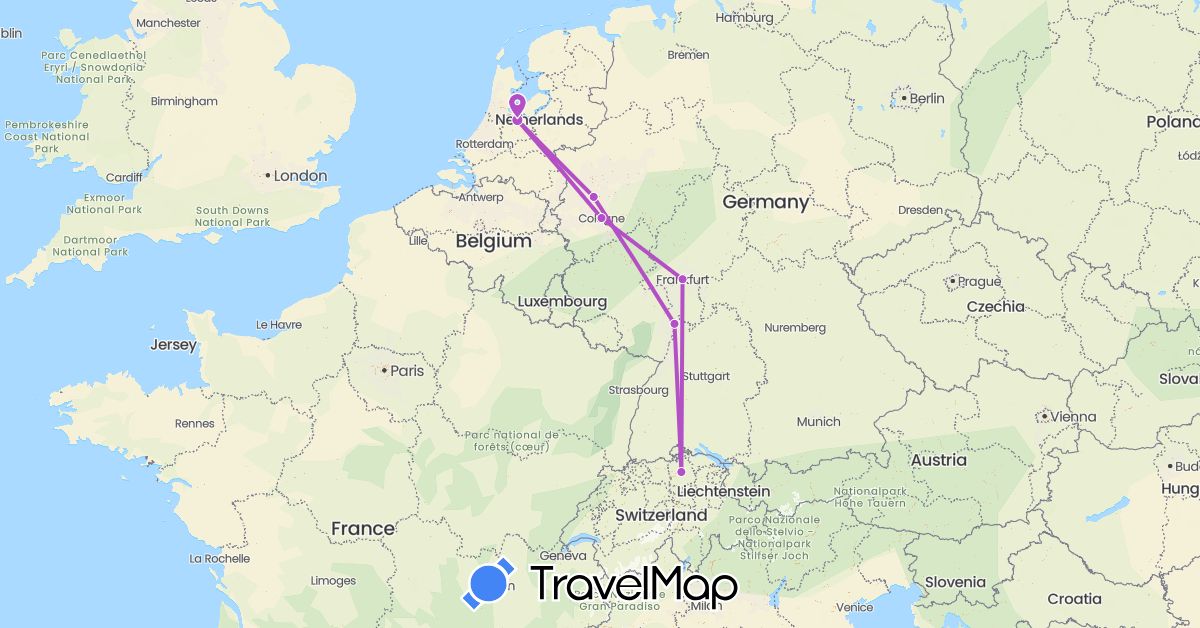 TravelMap itinerary: driving, train in Switzerland, Germany, Netherlands (Europe)